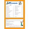 A contents page listing 24 non-verbal reasoning topics with page numbers, plus a cartoon man and duck