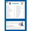 A contents page listing verbal reasoning topics like anagrams and codes, with page numbers and a back cover showing