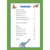 A table of contents listing addition and subtraction topics with page numbers, framed by cartoon dinosaurs