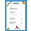 A table of contents listing algebra topics and page numbers, decorated with cartoon children and fruit