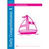 The front cover of Early Comprehension 1 features a large pink sailboat illustration and a space for the child to write