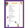 A table of contents listing English topics from word types to playscripts, with page numbers and a kite theme