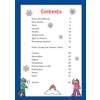 A table of contents listing English grammar topics and a puzzle, with page numbers and a winter theme