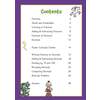 A table of contents listing fractions and decimals topics with page numbers and cartoon characters