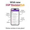 An advertisement for the online RevisionHub, showing a smartphone screen listing quiz, video and workbook features