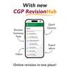A smartphone screen shows the CGP RevisionHub app with quick quizzes, video explanations and revision tests