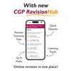 A smartphone screen shows the CGP RevisionHub app, listing online quizzes, audio tracks and summary tests included with