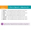 Eight answers to grammar questions, explaining which words are adjectives and the nouns they describe