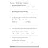 Five multiple-choice questions on ordering and comparing numbers, including decimals and fractions, plus a calculation task