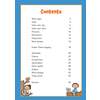 A table of contents listing grammar topics and page numbers, with cartoon children and squirrels in a tree