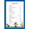 A contents page listing grammar and punctuation topics with page numbers, decorated with cartoon children at a party