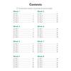 A contents page listing eight weeks of daily English practice, with tick boxes to track progress