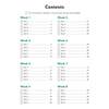 A contents page listing eight weeks of daily practice, with tick boxes to record which tests have been attempted