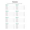 A contents page listing eight weeks of daily practice, with tick boxes to record which tests have been attempted