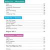 A contents page listing sections on measurement, geometry and statistics, plus progress tests and answers