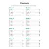 A contents page listing eight weeks of daily phonics practice, with tick boxes to track progress