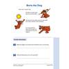 A short text about a dog named Boris is followed by two questions asking children to find a word and answer a simple question