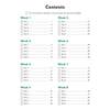 A contents page listing eight weeks of daily practice, with tick boxes to record which tests have been attempted