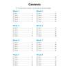A contents page listing eight weeks of daily spelling tests with tick boxes to record completion