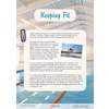 A text explaining the benefits of exercise and how to warm up, set against a swimming pool background