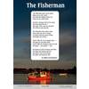 A poem titled The Fisherman by Abbie Farwell Brown, set against a backdrop of fishing boats at dusk