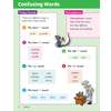 A revision page explaining spelling rules for tricky sounds and homophones, with examples and cartoon illustrations