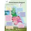 A colourful map of North Eastern England with labelled counties, cities and geographical features explained in text boxes