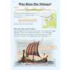 A page explaining Viking origins with a timeline, map, and a large illustration of a longship