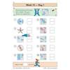 Ten questions ask children to write the fraction of shaded shapes in simplest form, with a self-score box at the bottom