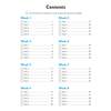 A contents page listing eight weeks of daily tests with page numbers and tick boxes to record progress