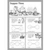 Four word problems about cooking times and durations, with clocks to complete and blanks to fill in