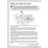 A reading passage about the health benefits of dog ownership, supported by a line drawing of children walking a dog