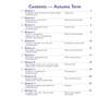 A contents page listing twelve weekly spelling and vocabulary workouts for the Autumn term, with page numbers and tick boxes