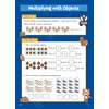 Children count groups of acorns and pine cones to complete multiplication sums