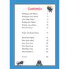 A contents page listing multiplication and division topics with page numbers and a cartoon insect theme