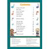 A table of contents listing story titles and page numbers, surrounded by musical notes and cartoon children