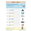 Children add a letter to base words to match pictures, then tick a box to record their score