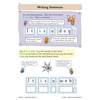 Children copy sentences into word frames, practising phonics and handwriting with cartoon characters guiding them