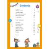 A contents page listing phonics and spelling topics with page numbers, decorated with party balloons and children