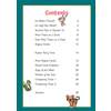 A contents page listing time-telling lessons and clock puzzles, with page numbers and cartoon animals