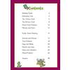 A contents page listing time-telling topics and a puzzle, with page numbers and cartoon dragons