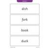 Four CVC words are presented in boxes for the child to trace or copy, building handwriting and word recognition