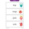 Four phonics words are shown with matching cartoon monsters to help children link sounds to letters