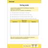 Children sort four sentences into a table by identifying conjunctions, determiners and prepositions