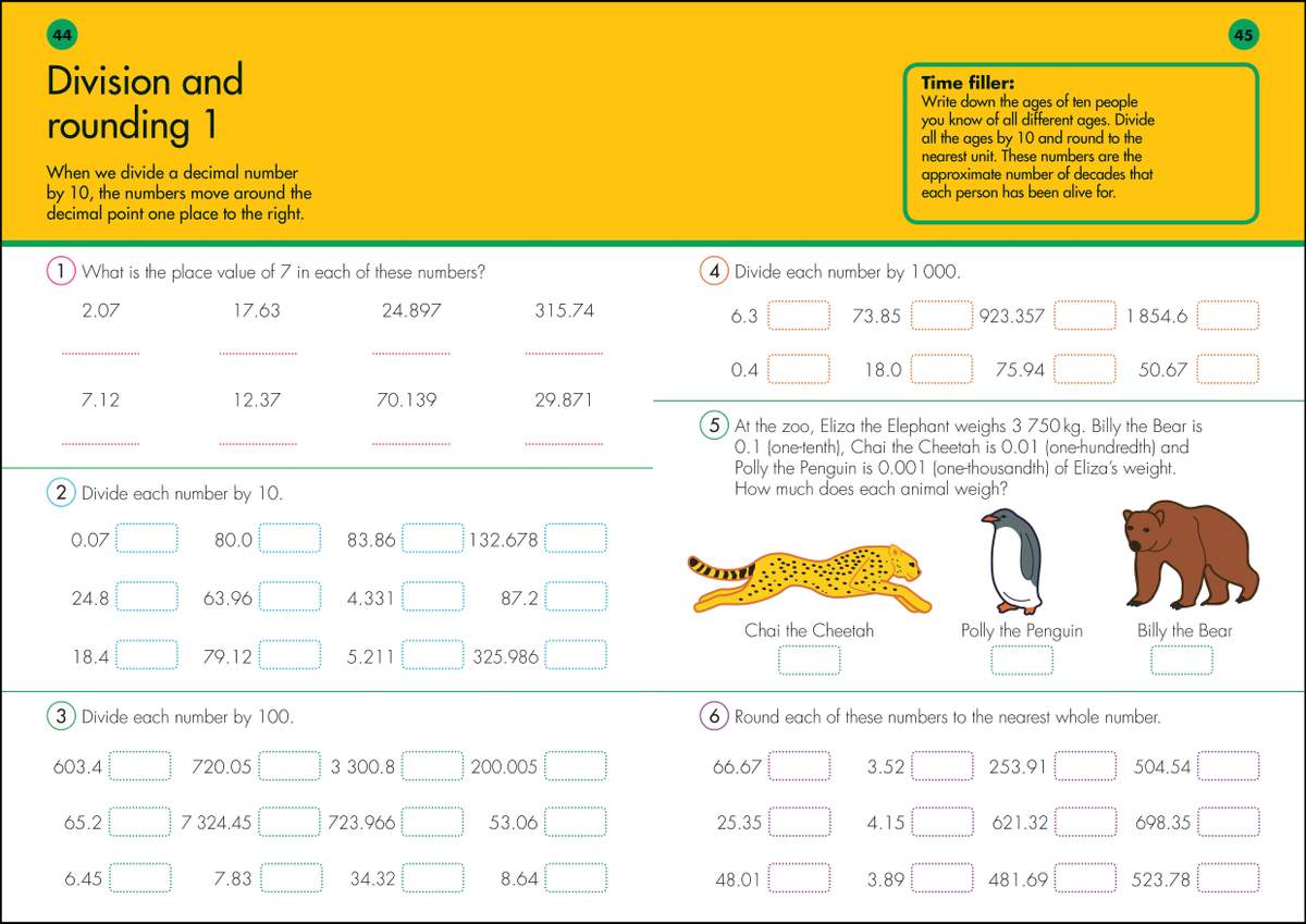 Children divide decimals by 10, 100 and 1000, find place values and round numbers, plus a word problem about zoo animals