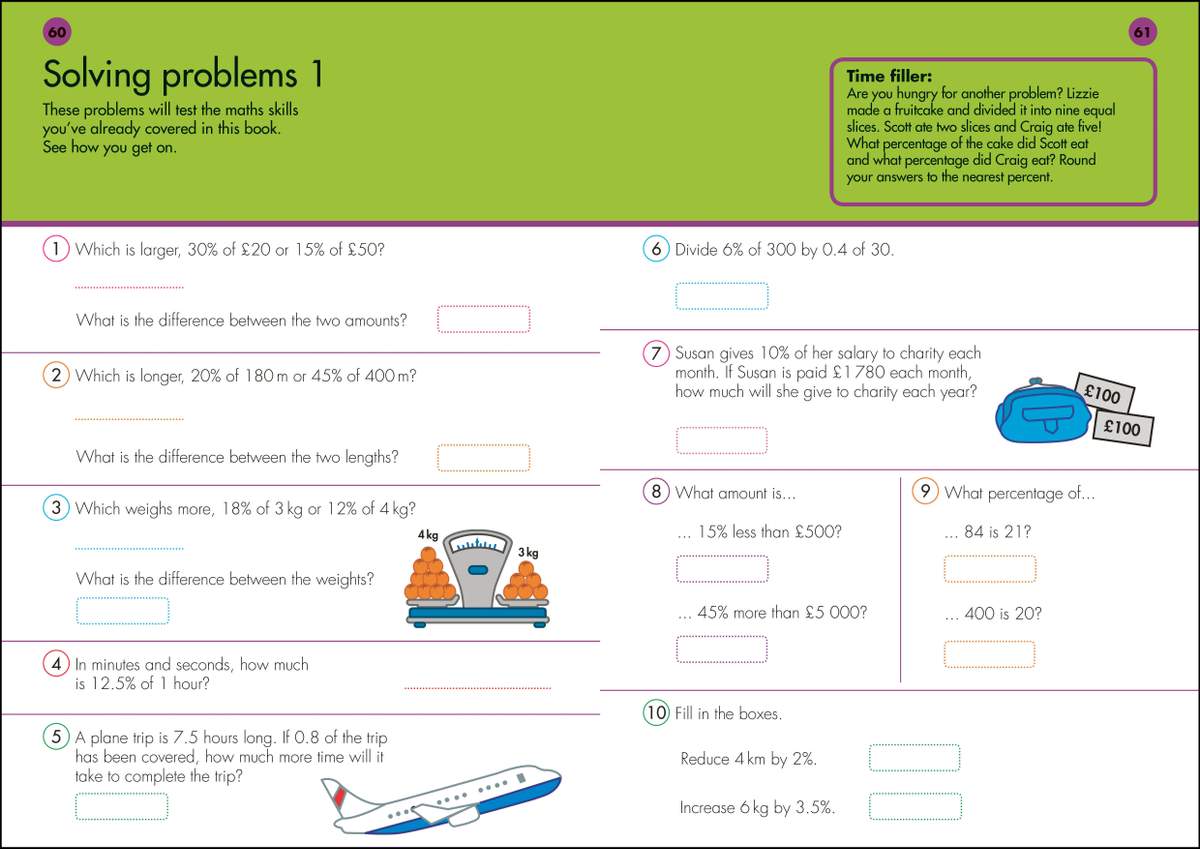 Ten percentage problems involving money, weights and time, with boxes to write answers in
