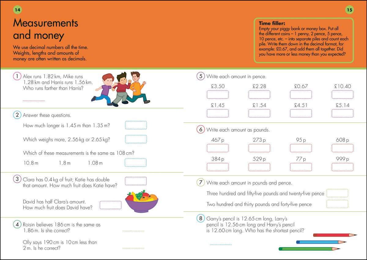 Children compare distances and weights, convert between pounds and pence, and check decimal statements using boxes to write