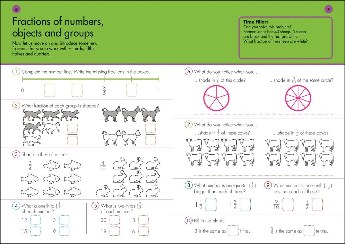 Ten exercises on finding fractions of numbers, shading shapes and comparing fractions, with a time-filler word problem