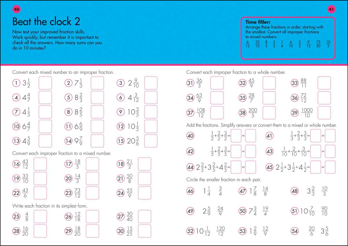 Children convert mixed and improper fractions, add them, and circle the smaller fraction in pairs