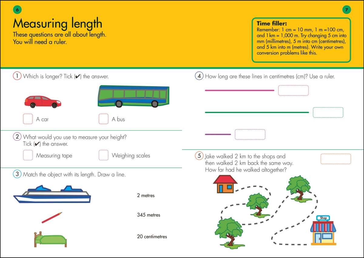 Children compare lengths, measure lines with a ruler, match objects to lengths and solve a word problem about distance